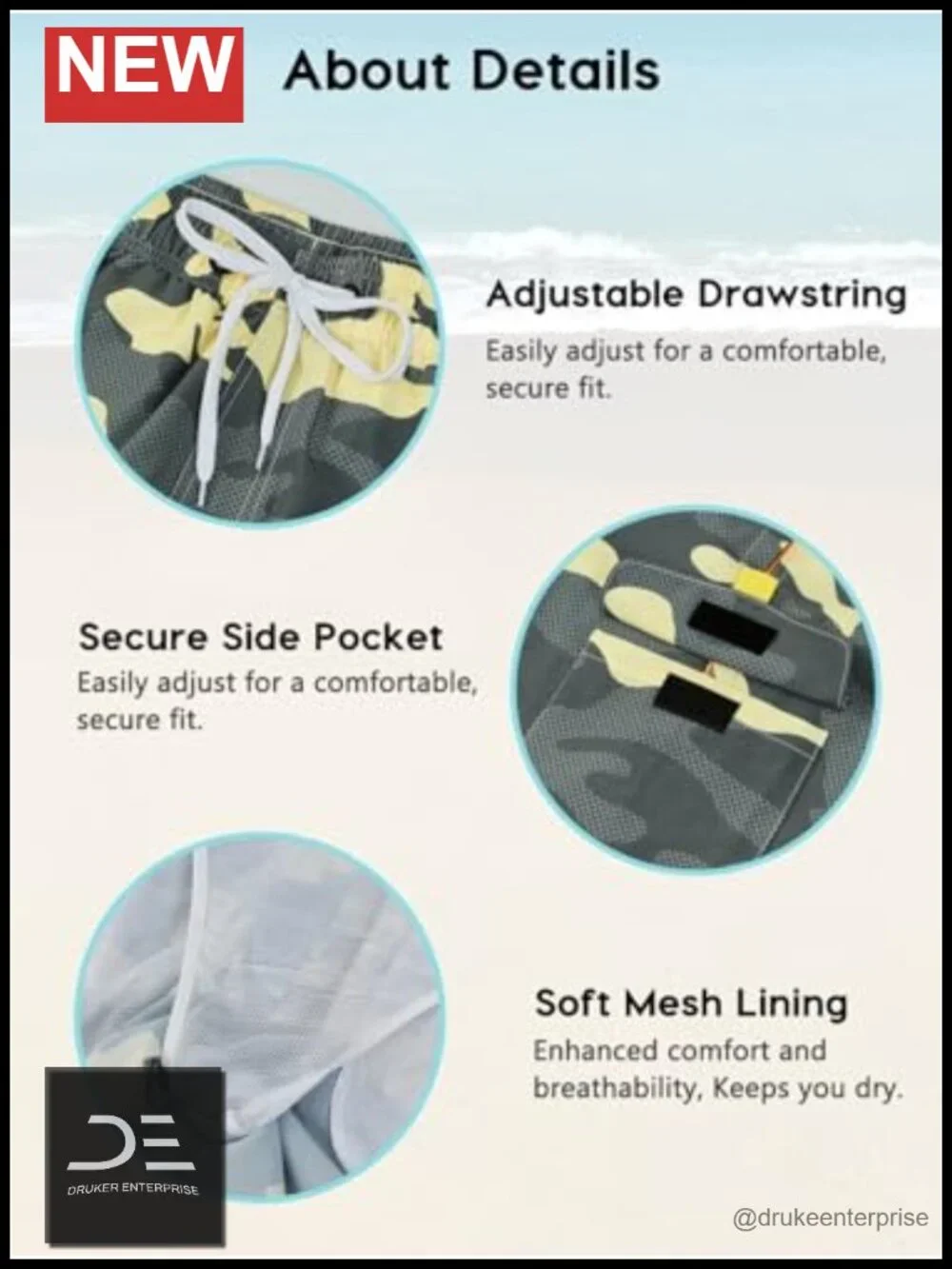 Men's Quick Dry Board Shorts with Mesh Lining Swim Trunks